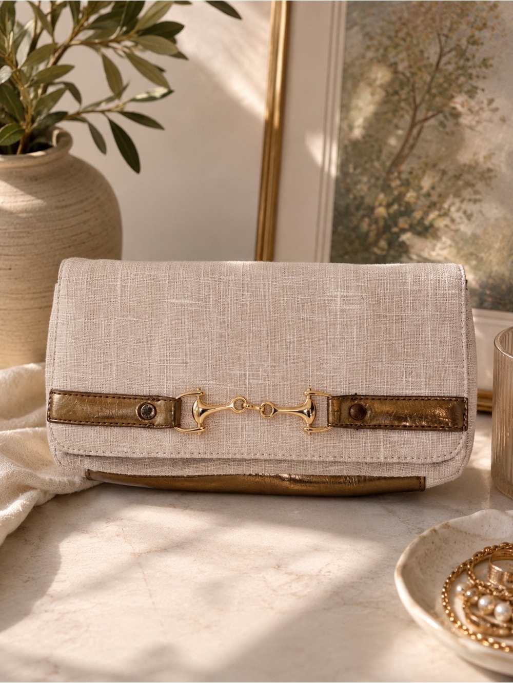 Vintage Peck & Peck Linen Horsebit Clutch Champagne Gold Quiet Luxury Coastal Ch